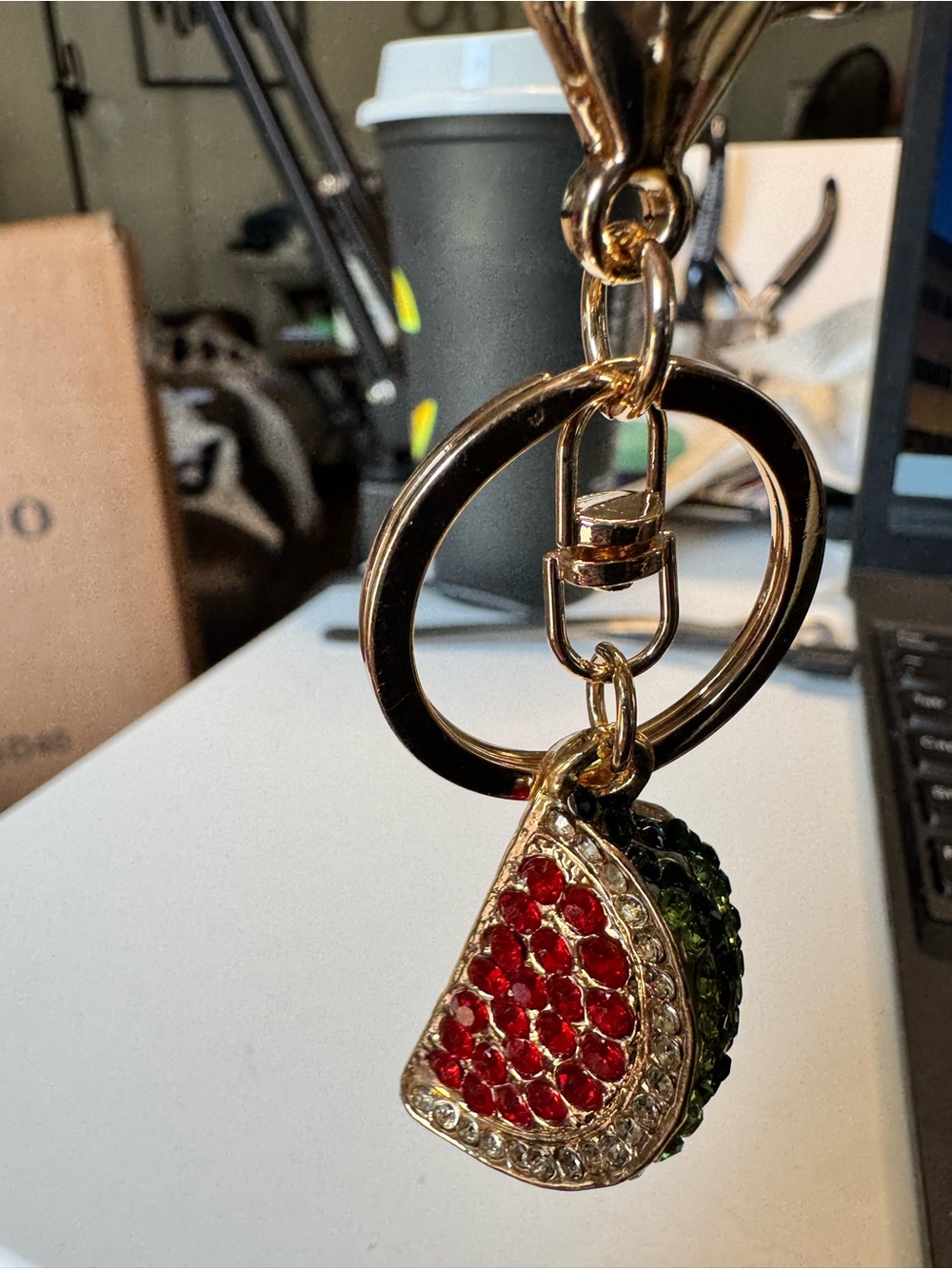 Gold-Tone Watermelon Crystal Keychain Charm - Red & Green